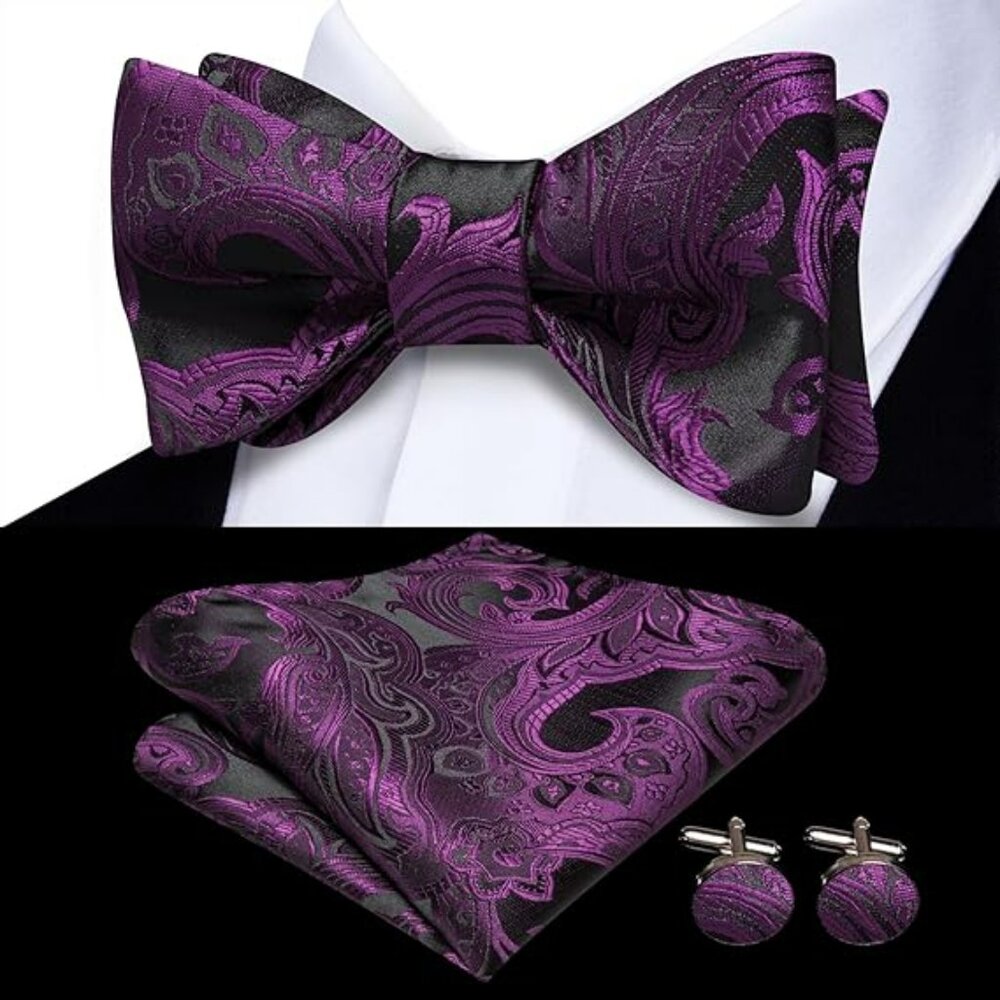 Men's 3 pc Bow Tie Pocket Scarf and Cuff‎ Links Set Purple Black Awesome Look !!